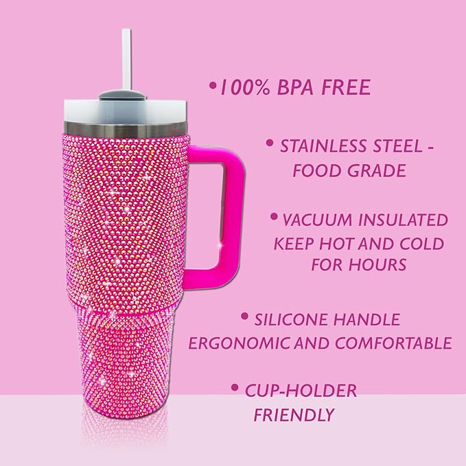 40oz Bling Tumbler with Handle and Straw Lid Rhinestone Studded Tumbler Cups Vacuum Insulated Stainless Steel Double Wall Water Bottle Travel Mug Gifts for Women Her (Hot Pink)