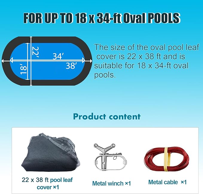 Leaf Net for Oval Above Ground Pool18x34 Ft, Durable Black Mesh Swimming Pool Leaf Net Cover with Winch and Cable for Leaves and Debris, Tear Resistant, UV Resistant, Netting Size: 22 X 38 FT