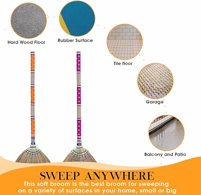 40 inch Length of Asian Flower Grass Broom Thai Natural Straw Broom Bamboo Stick Handle for Sweeping Dirt dust gaarbage and Home Decor (Thai Orange)