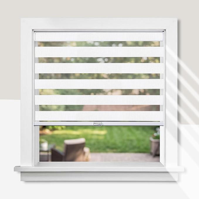 CHICOLOGY Zebra Blinds Cordless Window Shades, Dual Layer Light Filtering Roller Shades for Windows, Sheer Privacy Striped Fabric, Easy Install, 36"W x 72"H, Basic Arctic