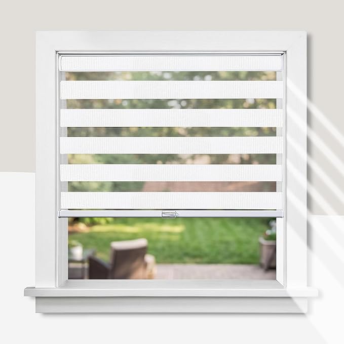 CHICOLOGY Zebra Blinds Cordless Window Shades, Dual Layer Light Filtering Roller Shades for Windows, Sheer Privacy Striped Fabric, Easy Install, 26"W x 72"H, Basic Arctic