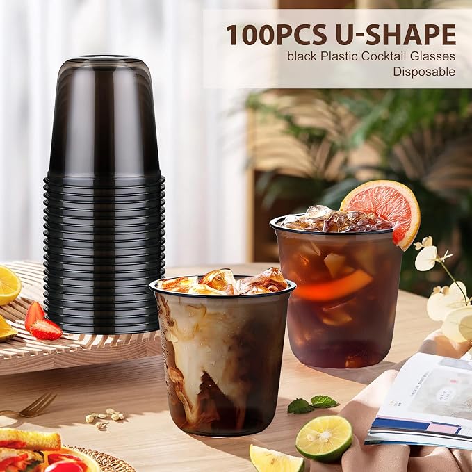 KesaPlan 100 Pcs 12 oz Black Clear Plastic Cups, Disposable Stemless Wine Glasses for Halloween Graduation Party, Round Bottom Plastic Cocktails Cups, Disposable Cold Drinks Cup for Birthday Wedding