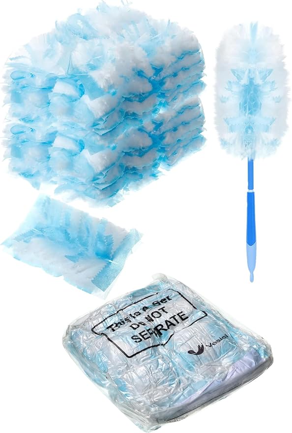 Vesici 100 Pcs Duster Refills Compatible with Swiffer Dusters Bulk Disposable Replacement Thickened with 1 Handle Heavy Duty for Cleaning, Office (Blue)