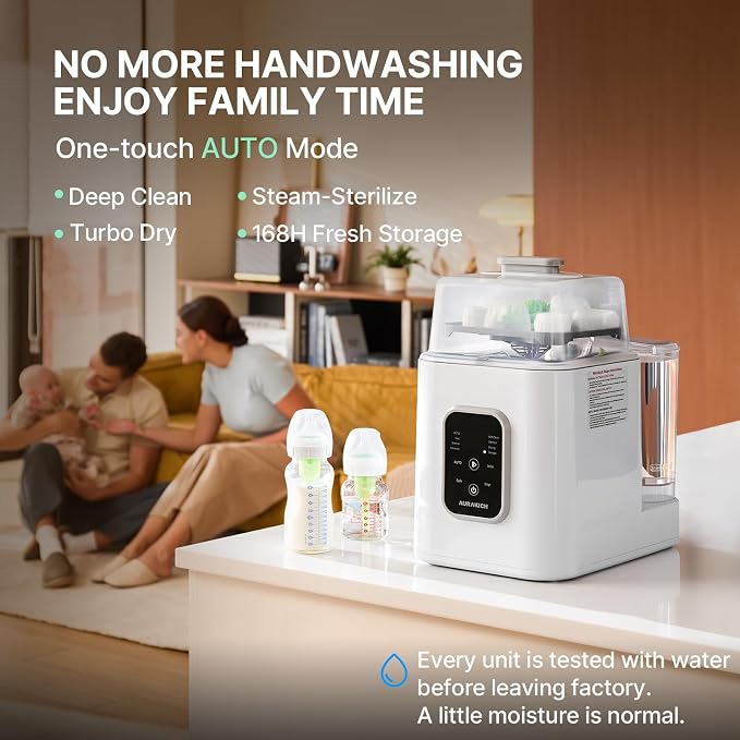 Baby Bottle Washer, Sterilizer & Dryer | All-in-One Pro Cleaning Machine with Fishbone Spray Arm, Self-Cleaning & AUTO Mode, Dual Water Inlet for Bottles, Breast Pump