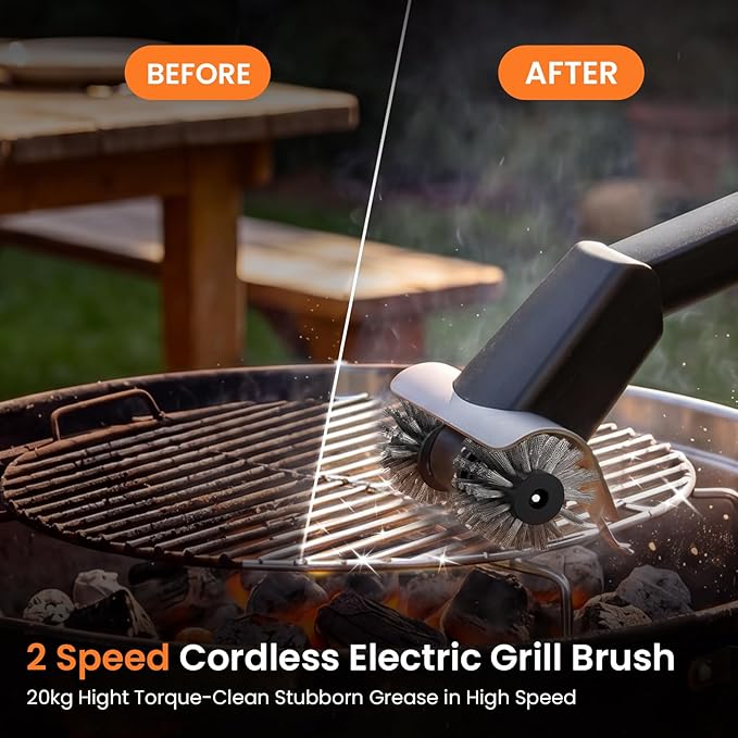 Rechargeable Electric BBQ Grill Brush, 2600mAh Battery, 2-Speed Power, LED Light, 100 Mins Long Runtime, 304 Stainless Steel Heat Resistant Grill Cleaner for Outdoor Camping & Grilling