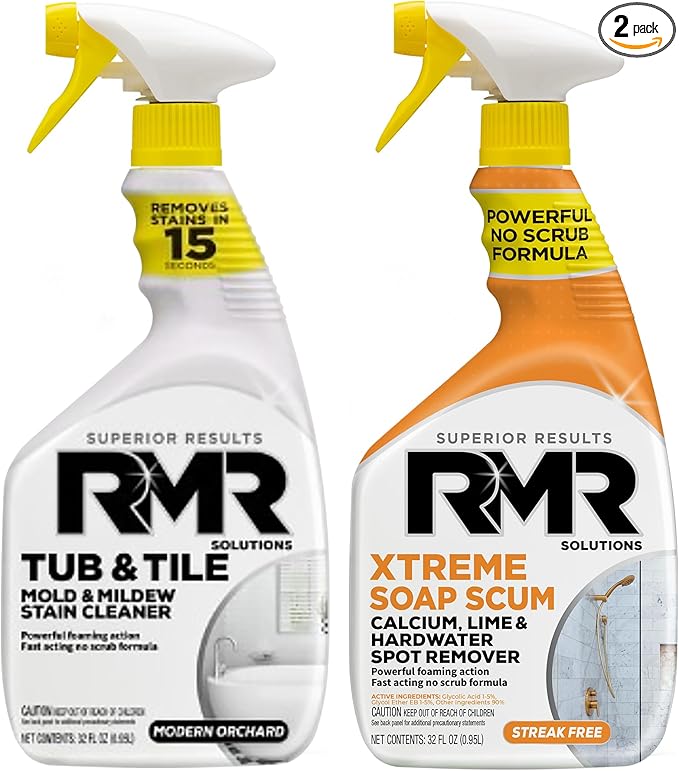 RMR Bathroom Breakthrough Bundle – Tub & Tile Cleaner + Xtreme Soap Scum Remover, 2-Step Deep Clean System for Shower, Tub, Tile, Grout, & Glass Buildup, Stains, & Grime, 2–32 Oz Bottles