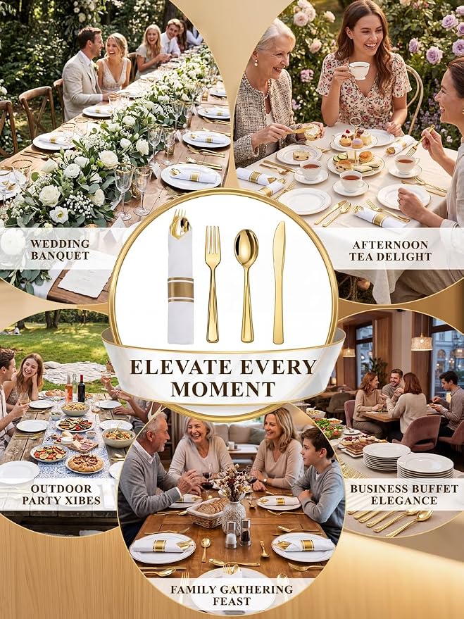 Supernal 60 Pack Pre Rolled Napkins with Gold Plastic Silverware - 60 Sets Elegant Disposable Wrapped Cutlery: Heavy Duty Gold Forks, Knives, Spoons for Weddings, Parties, & Catering Events