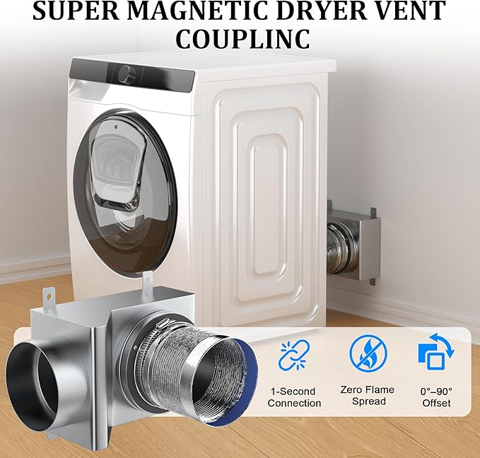 Magnetic Dryer Vent Coupler 90 Degree Elbow, Strong Magnetic Self-Connection Dryer Vent Connector Kit, Stainless Steel Airtight Seal for Dryer Venting, Includes 2.6ft 4IN Duct & Clamps