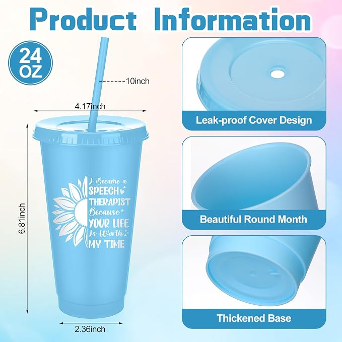 Meanplan 24 Pcs Speech Language Pathologist Gifts Bulk 24 oz Plastic Tumbler with Lids and Straws Slp Thank You Cups Back to School Gifts for Teacher First Day of School Slp Office Supplies