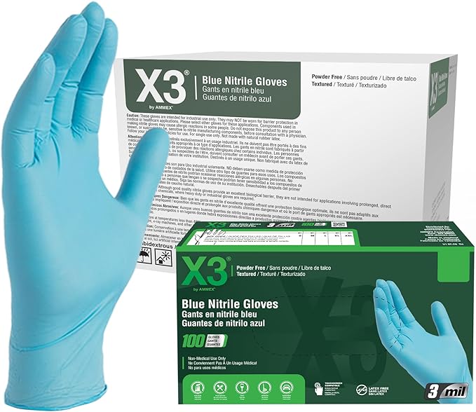X3 Blue Nitrile Disposable Industrial-Grade Gloves, 3 Mil, Latex & Powder-Free, Food-Safe, Non-Sterile, Lightly Textured