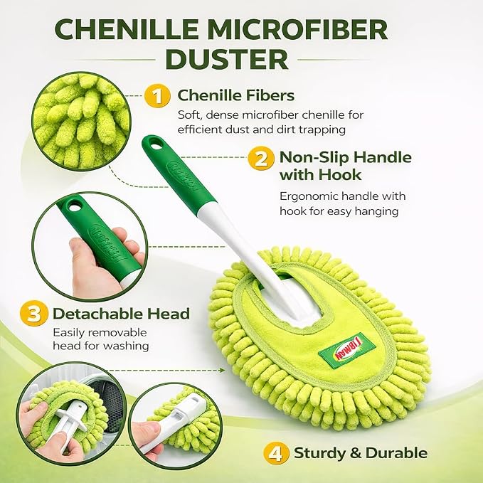LIBMAN Microfiber Duster for Car Cleaning - 3 Pk Reusable Washable Hand Duster with Handle for Furniture, Screens, Shelves, Blinds - Traps Dust & Allergens