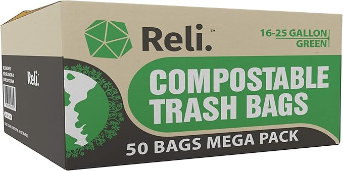 Reli. Compostable 16-25 Gallon Trash Bags | 50 Count | ASTM D6400 | Green | Eco-Friendly | For Compost