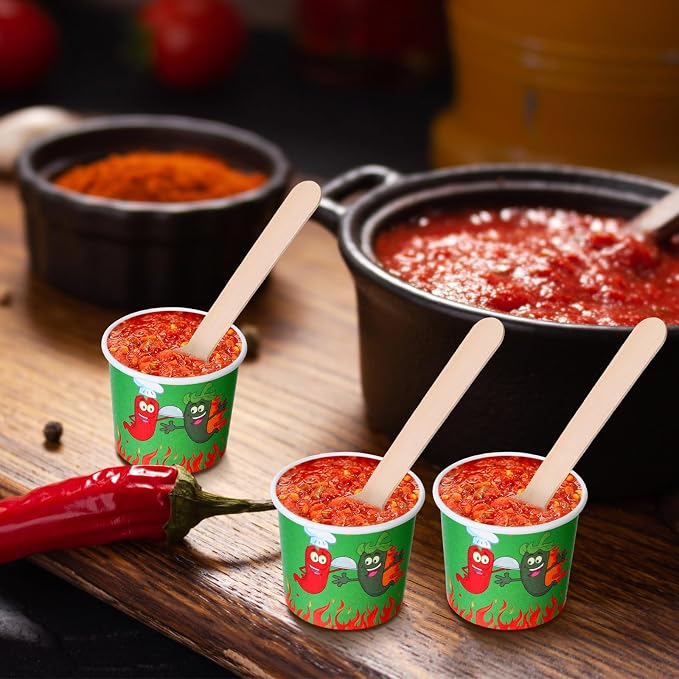 Teenyyou 400 Pcs Chili Cook off Tasting Cups Set, 200 Pcs 2 oz Mini Chili Cookoff Paper Cups and 200 Wooden Spoons Pepper Cook off Party Decorations for Competition Prize Party Cooking Supplies(Green)
