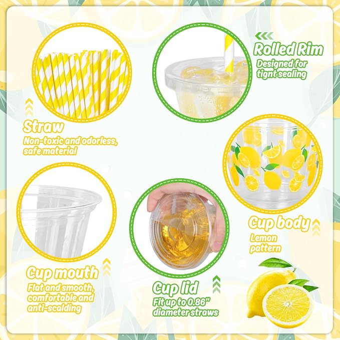 FYSUIMU 100Pcs Lemon Disposable Plastic Cups with Lids and Straws 9Oz Cute Yellow Lemonade Cold Beverage Drinking Cups for Summer Birthday Baby Shower Party Supplies