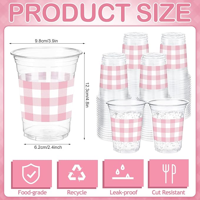 100 Pcs Pink Gingham Plastic Cups 12 oz Pink Checkered Plaid Disposable Plastic Drinking Cups Bulk for Baby Shower Wedding Birthday Christmas Party Decoration Supplies