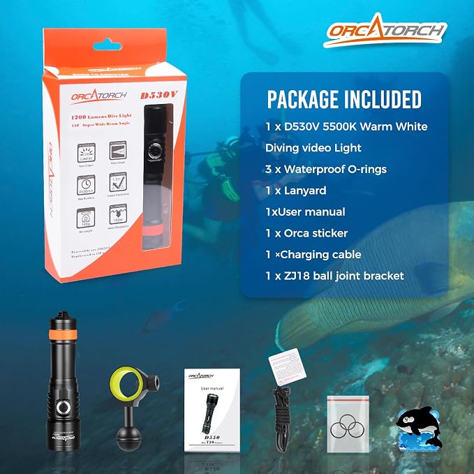 ORCATORCH D530V 1000 Lumen Scuba Dive Video Light 120 Degrees Wide Beam Angle, Underwater 150 Meters Diving Photography Light with Safety Lock Function Battery Power Indicator（5500K Warm White Light）