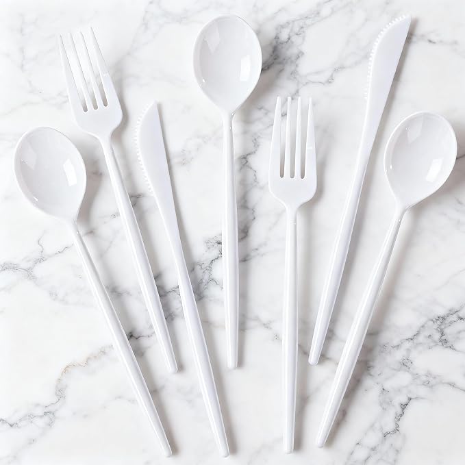 Supernal 360PCS White Plastic Silverware Set - Heavy Duty Disposable Utensils (120 Forks, 120 Knives, 120 Spoons) - Elegant Plastic Cutlery for Weddings, Catering, Party & Daily Dining