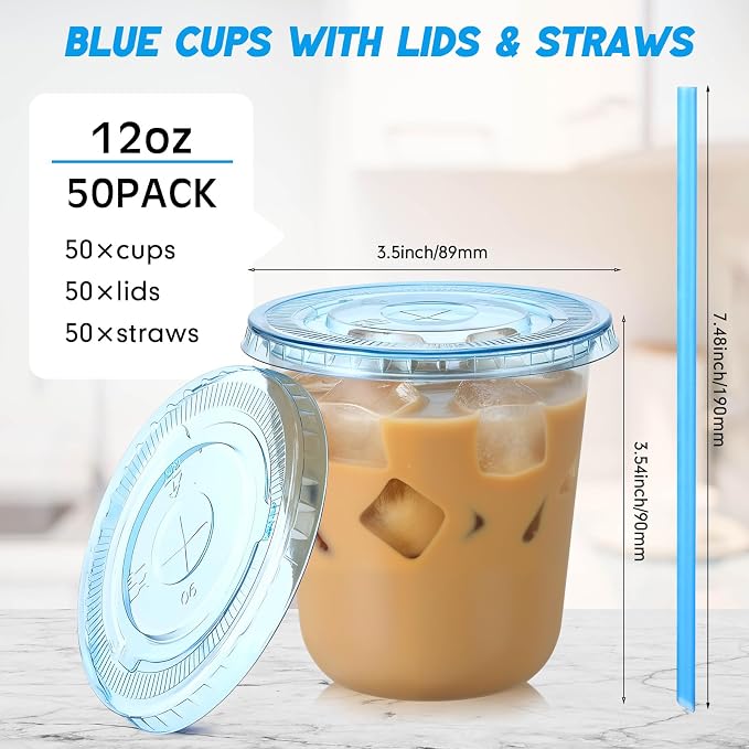 Ziliny 50 Sets Clear Round Bottom Plastic Cups with Lids and Straws, Cute Disposable Drinking Coffee Cups, for Christmas Valentine's Galentine's Day Party Wedding Birthday Supplies (12oz,Blue)