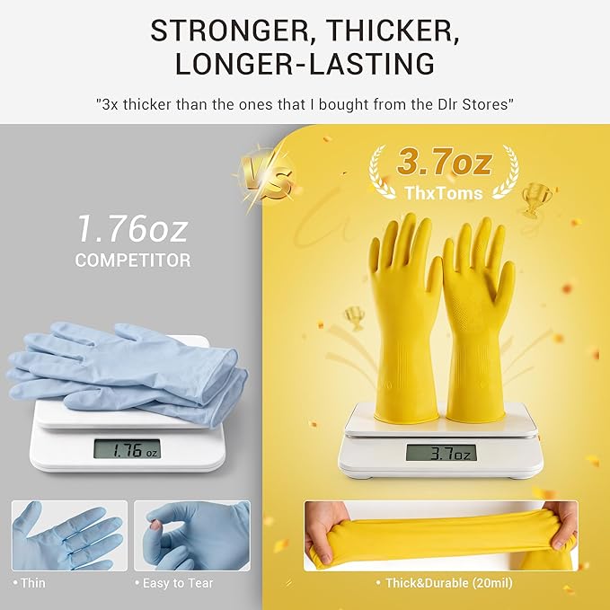 3 Pairs Rubber Dishwashing Gloves, Reusable Household Cleaning Gloves for Women Men, Kitchen and Bathroom Cleaning, Gardening, Pet Care, Extra Thickness, 20 Mil, 13", Heavy Duty, Non-Slip, S