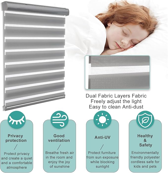 MYshade Cordless Zebra Blinds with Free-Stop Function - Dual Layer Light Filtering & Privacy Sheer Shades for Day and Night - Easy Install Window Shades for Home, Living Room, 33" W x 64" H,Grey