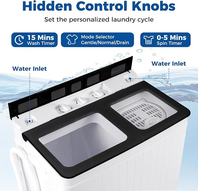 Giantex Portable Washing Machine, 26LBS Twin Tub Mini Compact Laundry Washer Spinner Combo with Drain Pump, 18Lbs Washer and 8Lbs Spinner for Apartments, RVs, Dorms, Black+White