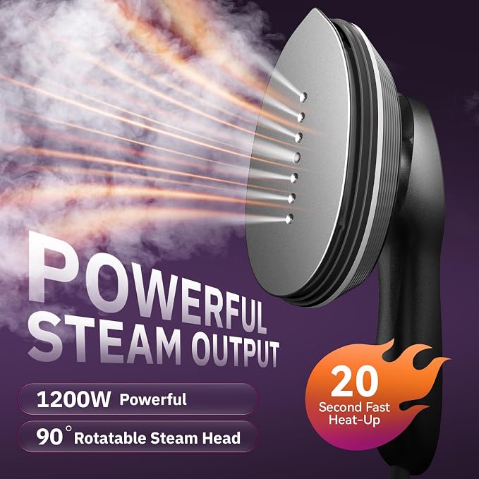 OGHom 2-in-1 Steamer & Iron for Clothes, 120V Handheld Clothes Steamer Iron, 1200W Fast Heat in 20s, Quick Wrinkle Removal 10 Adjustable Levels for Delicate to Thick Fabrics - Black