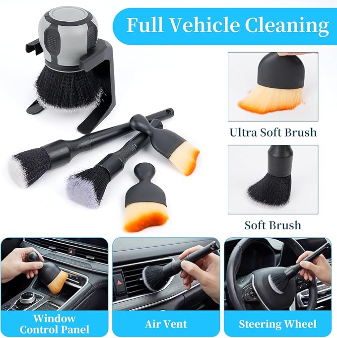 Supkiir 5 Pcs Car Detailing Brushes, Ultra Soft Bristles Dusting Brush with Storage Rack, Curveball XL Synthetic Brush Automotive Interior Dusting Brushes, Covers Large Area Inside or Outside Vehicles