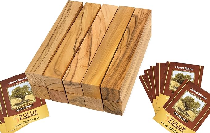 Zuluf 10 Authentic Bethlehem Olive Wood Pen Blanks with Certificates - BLANK104, Exotic Holy Land Wood Turning Blanks, 0.75" x 0.75" x 5" - Ideal for Pen Making, Woodturning, & Carving Projects