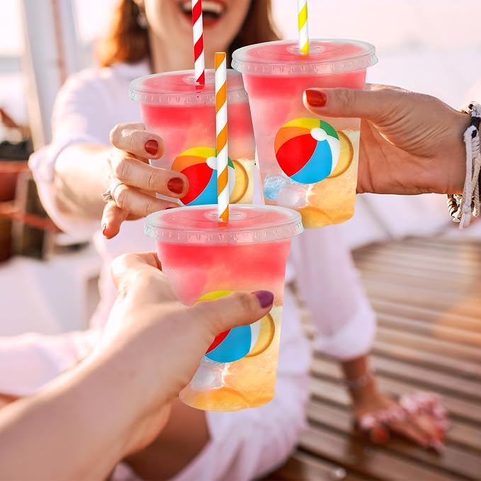 Whaline 50Pcs Beach Ball Disposable Plastic Cups with Lids and Straws 12Oz Summer Pool Ball Cold Beverage Drinking Cup for Beach Pool Birthday Party Supplies