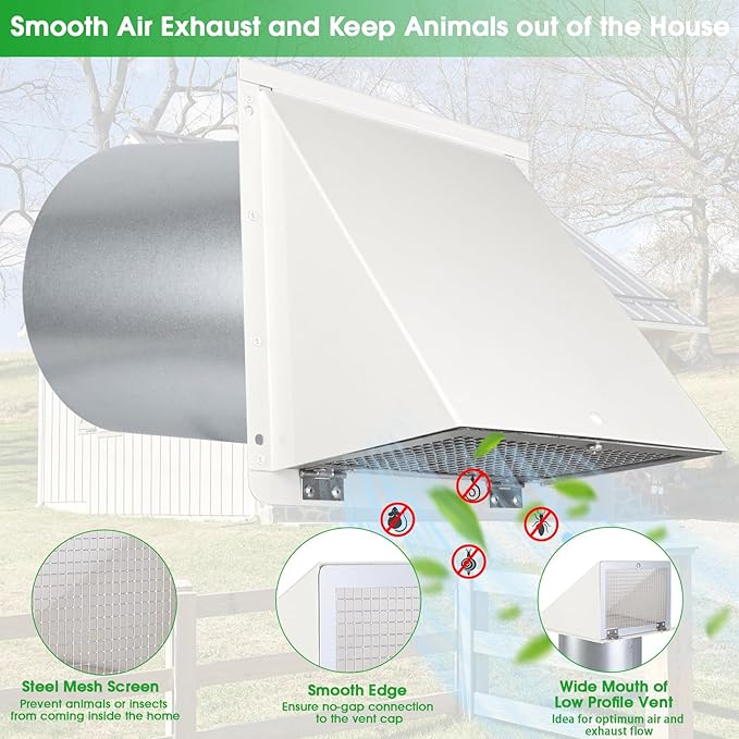 5 Inch Hooded Wall Vent with Screen and Damper,5'' Wall Vent Cover Exhaust Vent Cover Cap,Exterior Dryer Vent Cover Hood for Outdoor Kitchen Range Hood/Dryer/Bathroom Exhaust-Galvanized Steel,White