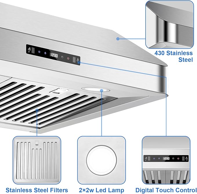 Under Cabinet Range Hood 30 inch, Kitchen Hood 900 CFM Stainless Steel with Gesture & Remote Control, 3-Speed Fan, Time Setting, Dishwasher Safe Baffle Filters, Range Hoods Ductless Convertible Duct