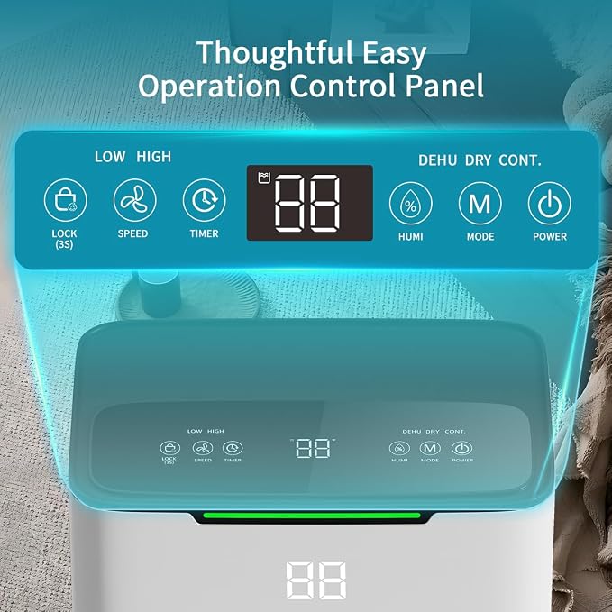 Dehumidifier for Home Basement, 34 Pints Dehumidifiers with Drain Hose for 1500 Sq. Ft Bedroom Bathroom Small Room RV, 3 Working Modes, Smart Humidity Control, 24H Timer, Auto Defrost