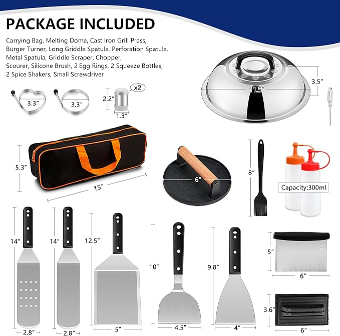18Pcs Griddle Accessories Kit for Blackstone, Joyfair Flattop Grilling Accessory Set with Smash Burger Press, Stainless Steel Spatula Tools with Basting Cover for Outdoor BBQ Cooking (ABS Handles)