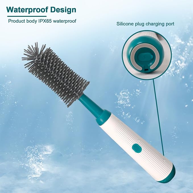 Electric Bottle Brush Set with Electric Bottle Brush Cleaner, 3 Replaceable Baby Bottle Brushes and Extension Handle. Silicone Bottle Brush, Waterproof, Perfect Baby Essentials(Dark Green)