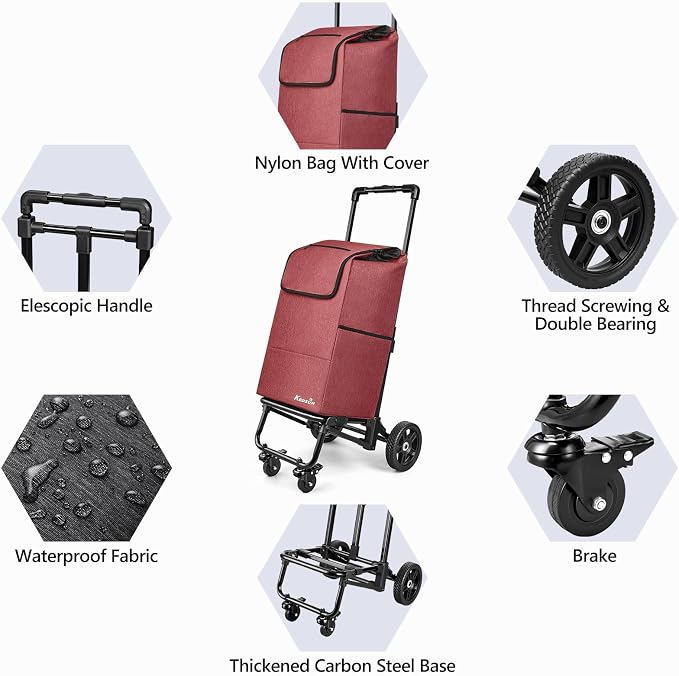 KEDSUM 3 in 1 Shopping Cart with Wheels, 60L/250LBS Multi Use Grocery Cart with 7" Big Wheels & Removable Waterproof Bag, Personal Shopping Carts for Groceries, Telescoping Handle & Thickened Steel