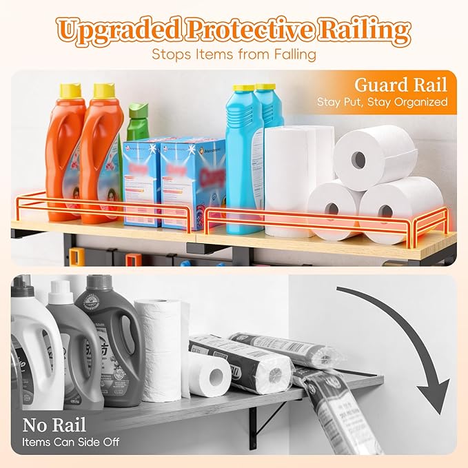 HOOMESUN Broom Holder Wall Mount with Shelf & Guard Rail, Upgraded No-Fall Storage, 120 lbs Heavy Duty Cleaning Organizer, 5 Clamps 4 Hooks, Thick Metal & Wood Rack for Laundry Room Garage