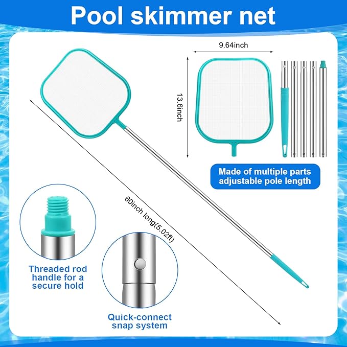 Tujoe Above Ground Pool Surface Skimmer with 5 Foot Leaf Skimmer Net and 20 Pool Filter Socks Skimmer Socks, Automatically Cleans Wall Mount Pool Surface Skimmer Pool Maintenance Accessories for Clean