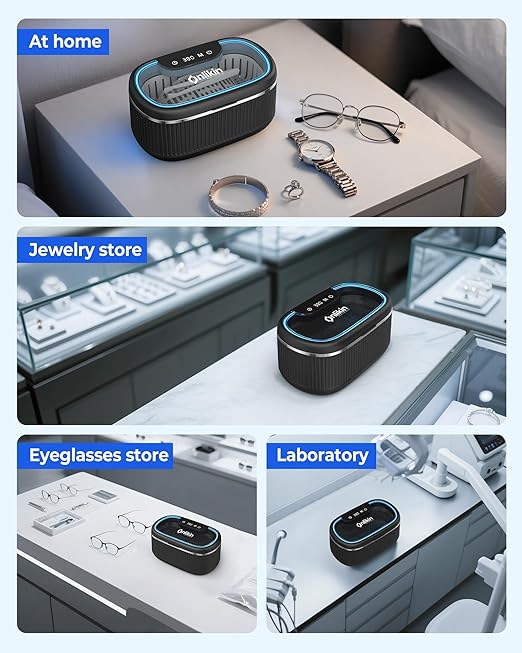 35W Ultrasonic Jewelry Cleaner, 45KHz Retainer Cleaner for Jewelry, 5 Timer & 3 Power Modes, Eyeglasses, Rings, Watch Strap, Dentures - 20oz, 304 Stainless Steel Tank, Quiet <38dB (Black)