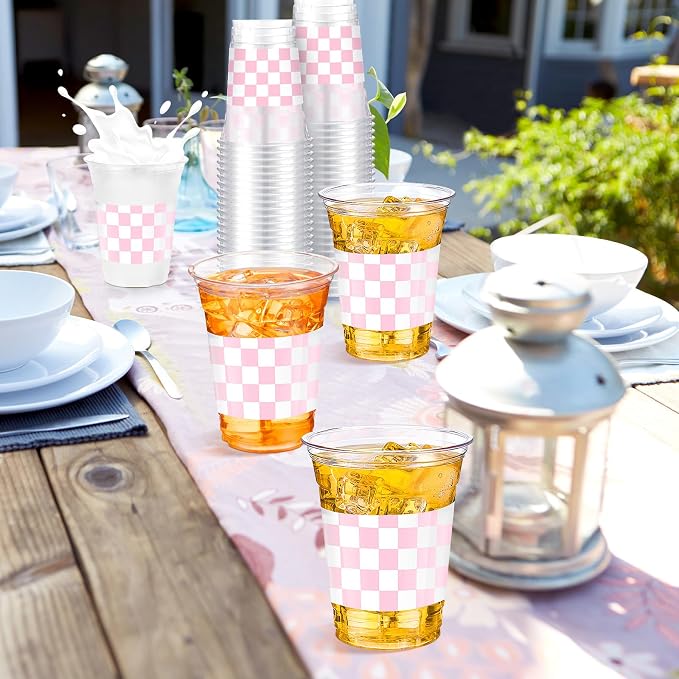 SiliFine 50 Pcs 12 oz Pink Checkered Plastic Cups Clear Disposable Gingham Plaid Party Cups for Racing Theme Birthday Wedding Baby Shower Party Decorations