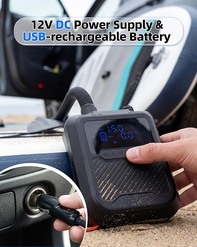 Electric Paddle Board Pump Portable, 20PSI High Pressure SUP Air Pump with Intelligent Dual Stage Inflation, Deflation & Auto-Off Function, Rechargeable Battery & 120W 12V DC Inflator for Kayak Boat