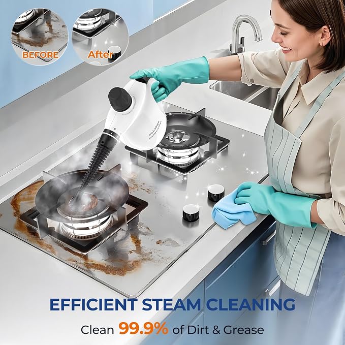 LABIGO Handheld Steam Cleaner, 13pcs Multi-Purpose Pressurized Natural Cleaning Steamer, Portable Steamer for Cleaning Home, Grout, Kitchen, Car, Window, Upholstery, Bathroom and Clothes