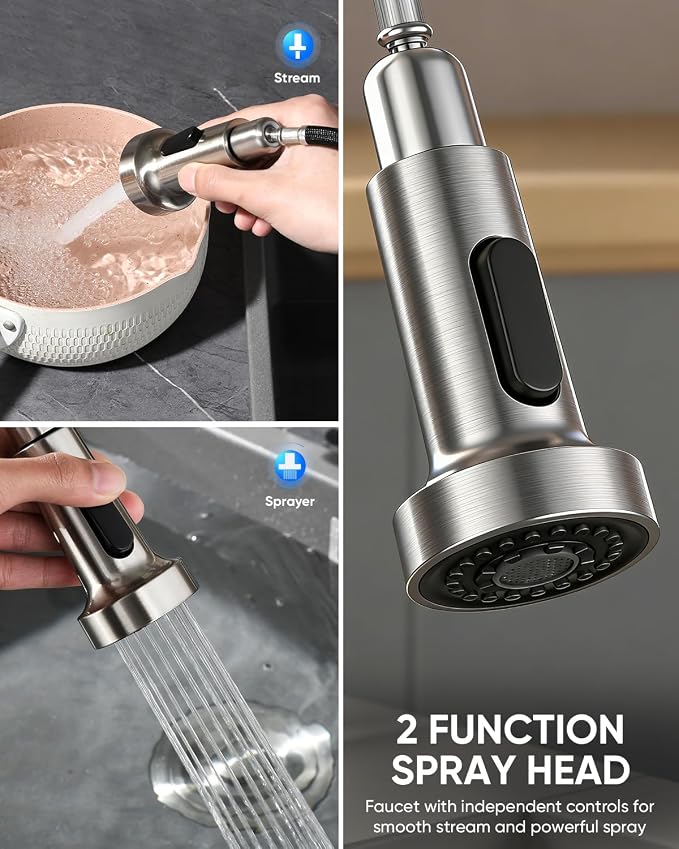 Kitchen Faucet with Cup Washer Pull Down Sprayer Stainless Steel Kitchen Sink Faucet with Deck Plate Glass Rinser Single Hole Brushed Nickel 866-3307SN