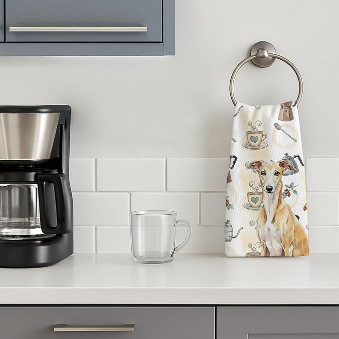 Caroline's Treasures Fawn Whippet Coffee Bar Kitchen Towel Velour Plush Front and Cotton Loop Back Machine Washable