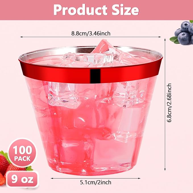 100 Pcs Red Rimmed Plastic Cups, 9 oz Disposable Wine Glasses, Elegant Cocktail Cup, Hard Plastic Drinking Cup, Clear Party Cups for Wedding, Birthday, Family Gatherings, Holiday
