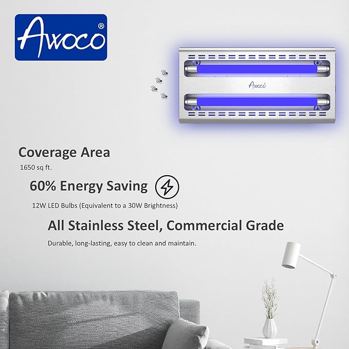 Awoco 11W LED Stainless Steel 100V-240V UV Light Fly Traps Indoor, Sticky Electric Fly Trap for Capturing Flies, Mosquitoes, Moths and Flying Insert, Silent Bug Light for Home, Restaurant, Garage