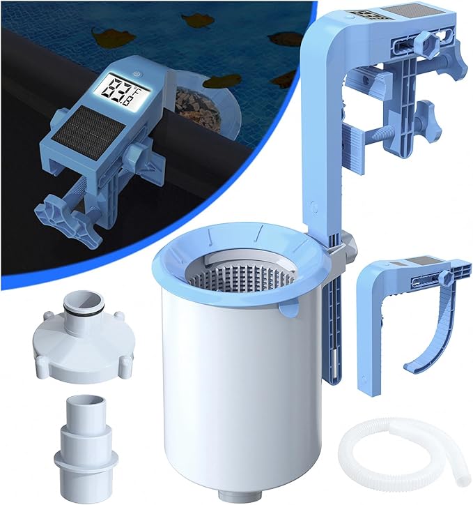 DeeprClean Newly Above Ground Pool Skimmer with Solar Digital Thermometer, Wall Mount Surface Skimmer with Adjustable Height Bracket, Auto Skimming for Pool Surface Floating Leaves & Debris-LightBlue