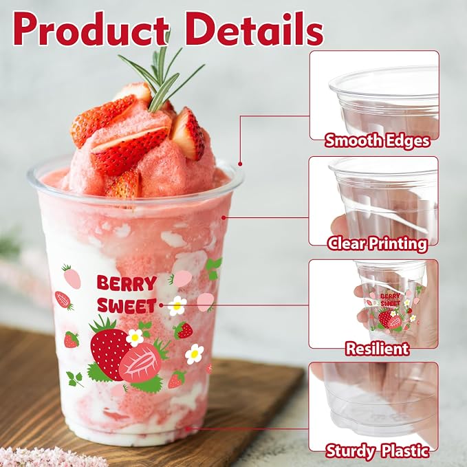 100 Pcs Strawberry Plastic Cups, 12 oz Disposable Cups Pink Clear Strawberry Party Drinking Cups for Summer Spring Party Birthday Baby Shower Supplies