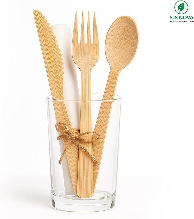Premium Pre-Rolled Napkin and Bamboo Cutlery Set (60 Pack, 240 PCS) 100% Biodegradable, Eco-Friendly, Disposable Wrapped Cutlery-Includes Pre-Wrapped Bamboo Forks, Knives, Spoons, & Napkins