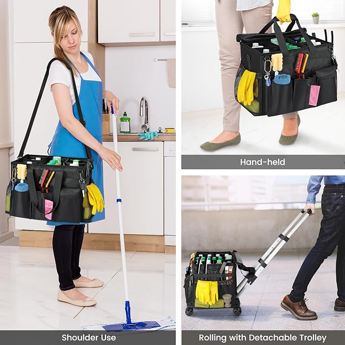 Housolution Extra Large Rolling Cleaning Caddy Bag with Detachable Trolley, Upgraded 360° Free Rotating with 5 Wheels and Dust-Proof Lid, Professional Cleaning Supplies Bag for Housekeepers, Black