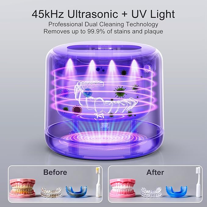 Ultrasonic Retainer Cleaner Machine, IPX6 Waterproof Denture Cleaner, 3 Modes Dental Cleaning Pod with RGB Indicator, 45kHz UV for Mouth Guards, 200ML Tank, White